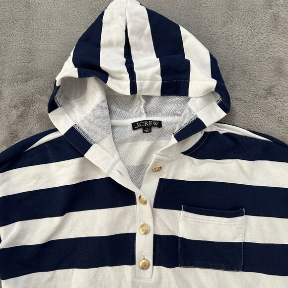 J. Crew University Terry Henley Hoodie Sweatshirt SMALL Women's Navy Stripe - Picture 2 of 7
